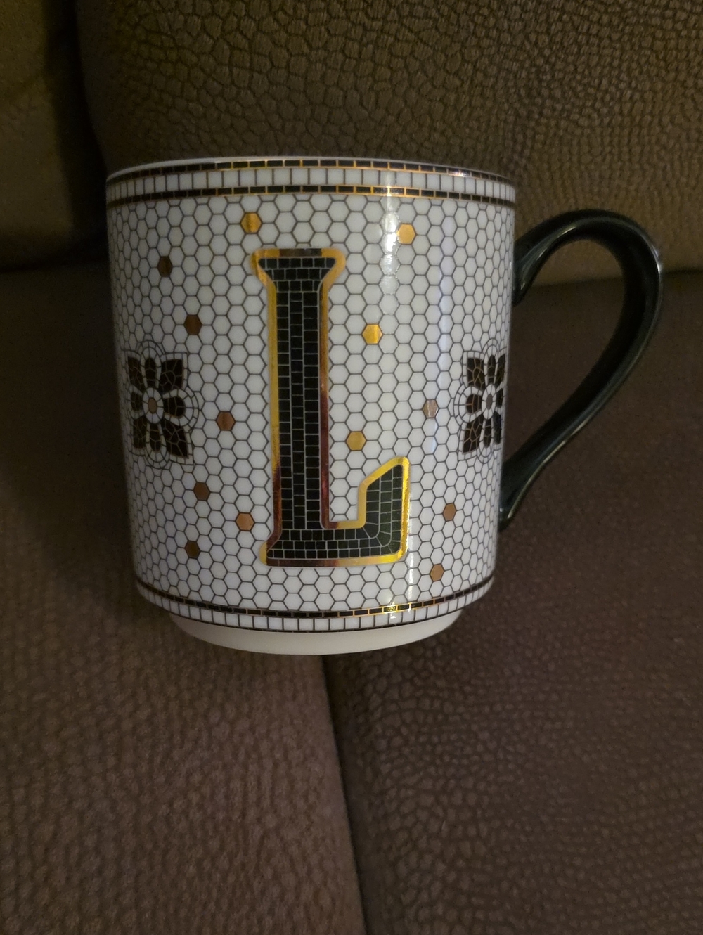 Anthropologie Tiled Margot Monogram "L" Black & Gold Mug